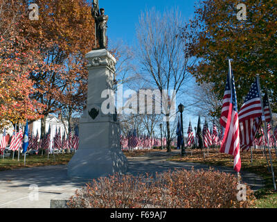 Ein Denkmal für die Soldaten des Bürgerkriegs unter Veterans Day Fahnen. Civil War Memorial ist Bronze, gegossen aus Kanonenrohre. Stockfoto