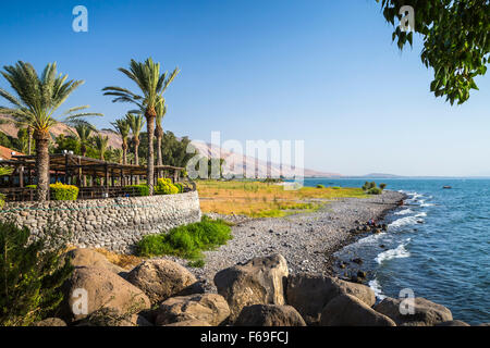 Die Bootsanlegestelle am En Gev, See Genezareth, Israel, Naher Osten. Stockfoto