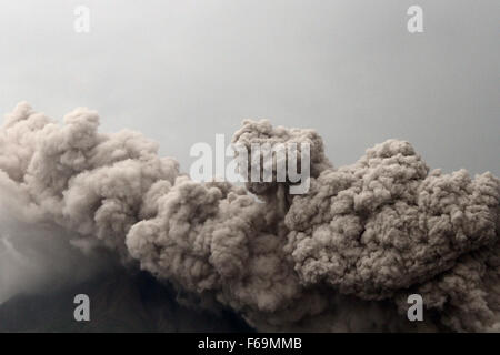 Ein Bild aus dem Dorf Tiga Pancur in Karo, Nord-Sumatra, zeigt Sinabung Ausbreitung der Vulkanasche in der Ferne auf Sonntag, 15. November 2015, Indonesien. Nach der Verbesserung des Status von aktiven Vulkanen, wurde aufgenommen in die höchste Warnstufe seit 2. Juni 2015, das Zentrum für Vulkanologie und geologischen Katastrophenvorsorge eine Empfehlung ausgesprochen, dass Bewohner keine Aktivitäten in einem Umkreis von 3 Kilometer vom Gipfel des Berges, 7 Kilometer (4 Meilen) Auftraggeber Bagain Süd-Ost, 6 km Süd-Ost-Abschnitt des Ostens und 4 Kilometer nördlich durchführen Stockfoto