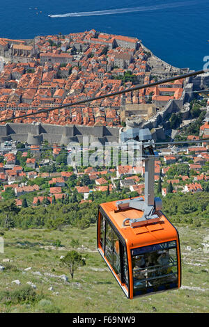 Dubrovnik Kroatien Cable Car geladen mit Passagieren im oberen Bereich Srd Hügel mit Blick auf die ummauerte Altstadt & blauen Adria unten Stockfoto