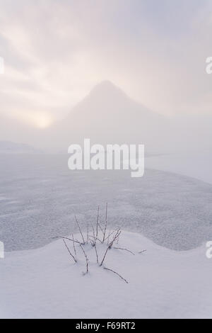 Fixiert man mit den Konturen eines verschneiten Buachaille Etive Beag, Glen Coe, Schottland, hinter. Stockfoto