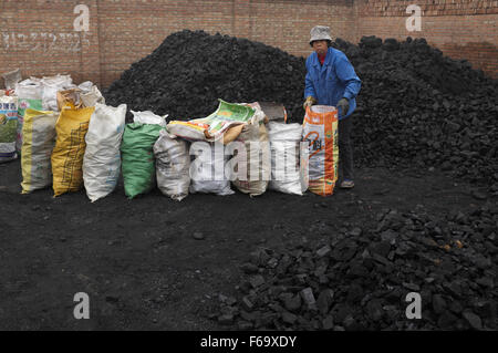 Eine Frau Taschen Blöcke von Kohle in einem Kohle-laden in einem Dorf in GuAn, 50km bis Peking, Provinz Hebei, China. Stockfoto