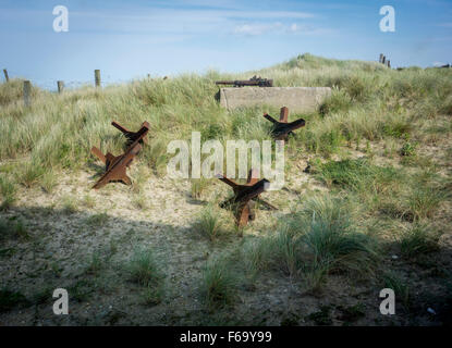 Anti-Tank Verteidigung Hindernisse auf Utah Beach, Normandie, Frankreich Stockfoto