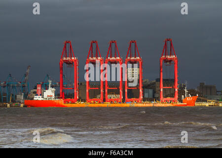 Operative Cantilever Rail-Mounted Gantry (CRMG)-Krane; New Brighton, Wallasey, Liverpool, Großbritannien, 15. November, 2015. UK Wetter. Starke nächtliche Winde haben den Nordwesten Englands mit Wetterwarnungen in Kraft für ganz Merseyside geschlagen. Die Schifffahrt im Fluss Mersey musste turbulente Meere und Sturmwinde in der Mündung ertragen, die den Eingang zur Irischen See bildete. Die „Megamax“-Krane, die jeweils so hoch sind wie das Royal Liver Building, sind kürzlich aus China eingetroffen, ‘es dem Hafen Liverpool2 zu ermöglichen, die größten Containerschiffe der Welt zu entladen. Stockfoto