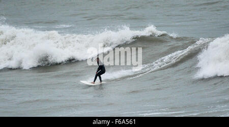 Brighton, UK. 15. November 2015. Eine Surfer macht das Beste aus der starken Winde, die Wellen vor Brighton Beach genießen heute Nachmittag dürften die Reste der Hurrikan Kate Bereiche von Großbritannien in den nächsten Tagen Credit betreffen: Simon Dack/Alamy Live News Stockfoto