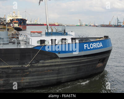Das Bild zeigt ein großes Containerschiff und Öltanker in Boudewijnsluis in Florida, das neben Kränen zum Entladen von Fracht angedockt ist. Das Schiff transportiert eine Mischung aus allgemeinen Gütern, einschließlich Kohle, Getreide und Gas. Diese Szene spiegelt die Logistik und den Seeverkehr an einem stark frequentierten Dock wider und hebt die wichtigsten Infrastrukturen im weltweiten Seeverkehr und Handel hervor. Stockfoto