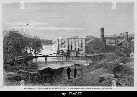 Die Tredegar Iron-Works in Richmond, Virginia, war während des Bürgerkriegs ein bedeutender Ort, in dem Artillerie und Munition für die Konföderierte Armee hergestellt wurden. Die Fabrik spielte eine zentrale Rolle in der Industriegeschichte des Südens. Stockfoto