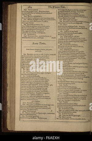 Seite 8 aus der ersten Folio-Ausgabe (1623) von Shakespeares „The Winter's Tale“ mit Akt 1, Szene 2, in der König Leontes von Eifersucht verzehrt wird und die Bühne für die tragischen Ereignisse bildet, die sich im Stück abspielen. Stockfoto