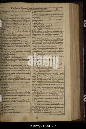 Eine Seite aus der ersten Folio-Ausgabe von Shakespeares „der zweite Teil von König Heinrich IV.“, auf der die fortgesetzte Geschichte von König Heinrich IV. Und seinem Sohn Prinz Hal beschrieben wird, wobei Themen wie Führung und Rebellion hervorgehoben werden. Stockfoto