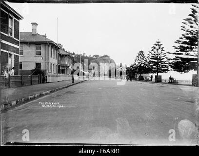 Dieses Kunstwerk zeigt die Esplanade bei der Marine Parade in Napier, die die Küstenpromenade und die umliegende Architektur einfängt und die Küstenlandschaft und die städtische Entwicklung der Gegend widerspiegelt. Stockfoto