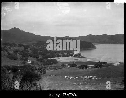 Blick auf Tryphena Bay und Park House, Great Barrier Island Stockfoto