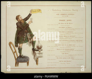 Das St. Andrew's Supper der Canterbury Caledonian Society, das im November stattfindet, ist eine jährliche Veranstaltung zur Feier des schottischen Kulturerbes. Die Veranstaltung bietet traditionelle schottische Küche, Musik und Tanz, bei der Mitglieder und Gäste den Heiligen Andrew, den schutzheiligen Schottlands, und die reichen kulturellen Traditionen Schottlands, ehren. Stockfoto