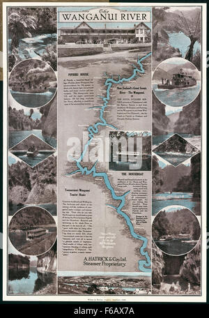 Ein historisches Foto von A Hatrick & Company Ltd fängt den Wanganui River in Neuseeland ein und zeigt die natürliche Schönheit des Flusses und seine Bedeutung für die lokale Umwelt und Gemeinschaft. Stockfoto