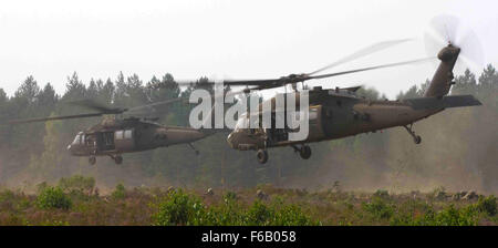 US-Armeesoldaten zugewiesen Dog Company, 4. US-Infanteriedivision, 1. Bataillon, 503. Infanterieregiment, 173. Infantry Brigade Combat Team (Airborne) sichern eine Landezone als zwei UH - 60M Black Hawk Hubschrauber von B Company betrieben, 43. Angriff Hubschrauber-Bataillon, 3. Kavallerie-Regiment, 3. US-Infanteriedivision wegfliegen nach Abwurf der Soldaten während des Trainings Ulhan Fury derzeit an der allgemeinen Silvestras Zlikaliskas Training statt , Pabrade, Litauen, 12. August 2015. Ulhan Fury ist eine bilaterale militärische Übung mit litauischen Land Forces Soldaten, 2. Coy, Grand zugewiesen Stockfoto