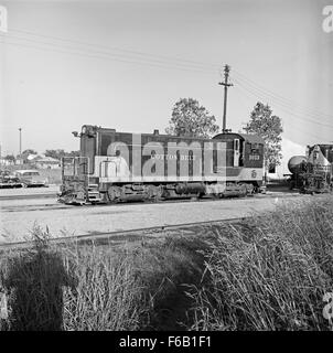 Dieses Bild zeigt den St. Louis Southwestern Diesel Electric Switcher No. 1013, Teil der Cotton Belt Route Railroad Flotte. Der Umschalter wird für den Transport von Zügen innerhalb von Bahnhöfen verwendet, was die Industriegeschichte des Schienenverkehrs hervorhebt. Stockfoto