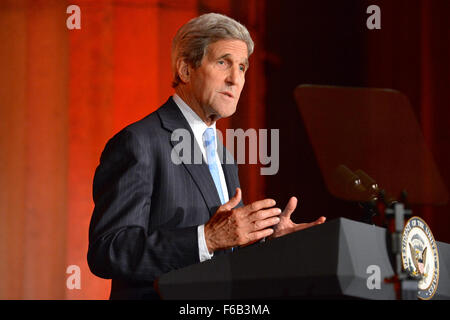 Sekretär Kerry liefert Hinweise auf die USA und Indien strategischer und wirtschaftlicher Dialog Führung Gipfel Rezeption Stockfoto