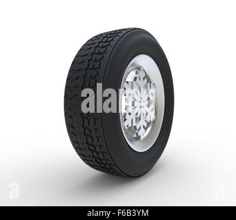 Satz Winterreifen mit Felge Schneeflocke Form isoliert auf weißem Hintergrund 3d illustration Stockfoto