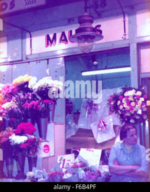 Ein farbenfroher Marktstand mit Blumen auf dem Grainger Market in Newcastle upon Tyne, der von Jimmy Forsyth betrieben wird. Der Stand zeigt eine Vielzahl frischer Blüten und verleiht der lebhaften Atmosphäre dieses historischen Indoor Markts Lebendigkeit. Stockfoto