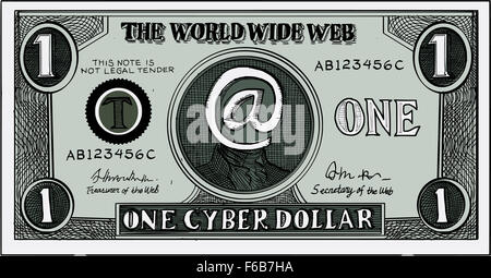 Radierung Gravur handgemachten Stil Illustration ein Spielgeld für das World Wide Web oder Internet, die eine Notiz von einem Cyber Dollar zeigt. Stockfoto