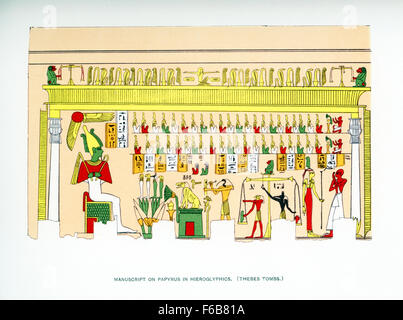 Hier abgebildet ist ein Manuskript gezeichnet auf Papyrus Hieroglyphen und Kunst in einem alten ägyptischen Grab in Theben, mit seinen vielen Felsengräber, im Süden von Ägypten gefunden. Diese Abbildung stammt aus 1903 und erschien in dem Buch Geschichte von Ägypten durch französische Ägyptologe Gaston Maspero. Es vereint viele der Szenen in der Grabstätte gefunden. Dazu gehören auch der Gott der Unterwelt Osiris (seine Haut Farbe grün, symbolisiert Wiedergeburt) sitzt auf der linken Seite. Im Vordergrund sind die vier Söhne des Horus (Horus war Osiris Sohn). Der Gott Thoth zu schreiben ist auf beschriften ein ein rechteckiges Stück Papyrus. Stockfoto