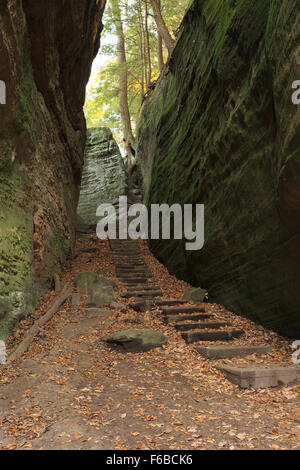 Treppe Weg zwischen Felsbrocken in Cantwell Cliffs, Hocking Hills Region von Ohio. Stockfoto