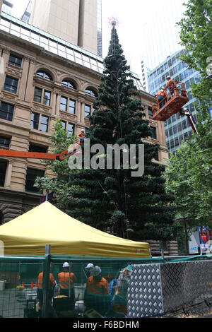 Sydney, Australien. 15 November 2015. Der Weihnachtsbaum wurde in Sydneys Martin Platz aufgestellt. Es ist eine regelmäßige jährliche Funktion. Copyright Credit: 2015 Richard Milnes/Alamy Live-Nachrichten Stockfoto