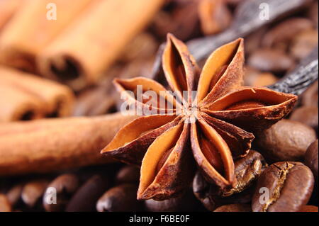 Nahaufnahme von Sternanis, frisch duftender Vanilleschoten, Zimtstangen und Kaffeekörner, Gewürz-Zutaten zum Kochen Stockfoto