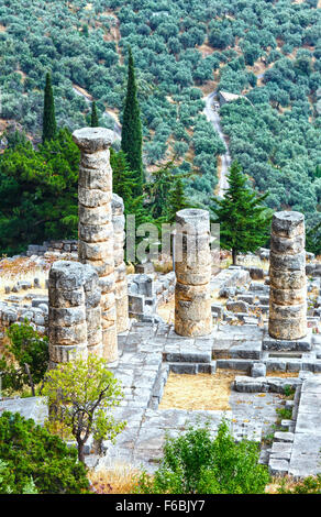 Ausgrabungen der antiken Stadt Delphi am Hang des Monte Parnassus(Greece) entlang. Die verbleibenden Spalten des Tempels des Apollo Stockfoto