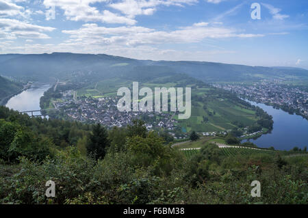 Wolf und Kröv Wein Dorf gesehen vom Mont Royal an der Mosel in der Nähe von Traben-Trarbach, Rheinland-Pfalz, Deutschland Stockfoto