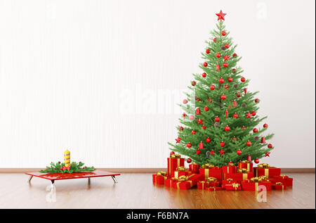 Innenraum aus einem Zimmer mit Weihnachtsbaum, Kerze auf dem Tisch, Geschenke, 3D-Rendering Stockfoto