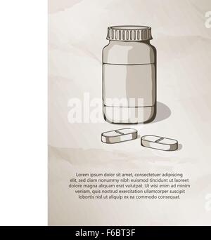 Leere Medizinfläschchen und Pillen. Vintage Label, Logo, Rahmen, Broschüren. Design-Vorlagen. Vektor-Illustration. Stock Vektor