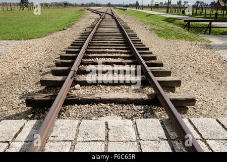 Ende der Bahnlinie verfolgt in Auschwitz II-Birkenau Deutsch Nazi Konzentration und Vernichtungslager. Oswiecim, Polen Stockfoto
