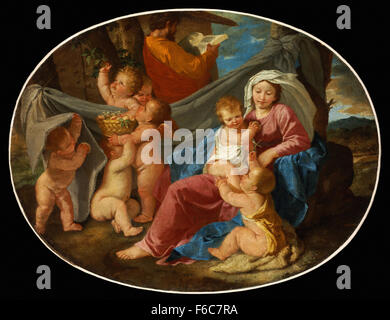 Nicolas Poussin - Heilige Familie mit Kleinkind Sankt Johannes der Täufer und Putten Stockfoto