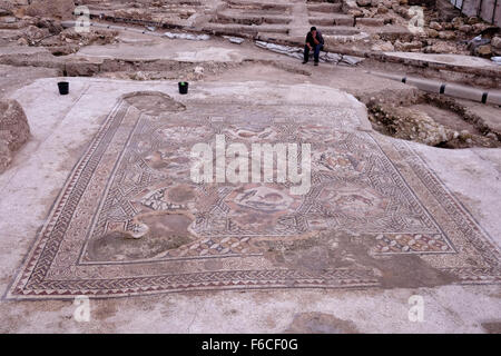 Ein 1,700 Jahre altes Mosaik, das während der römischen und byzantinischen Zeit in der israelischen Zentralstadt Lod Israel als Pflaster für den Innenhof einer Villa diente Stockfoto