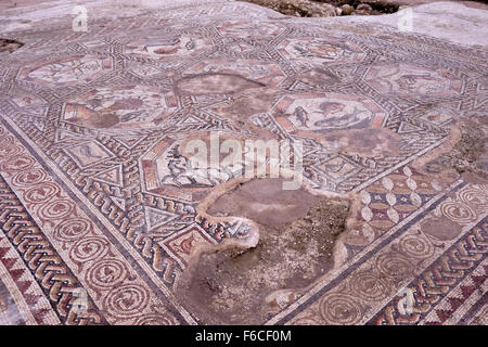 Ein 1,700 Jahre altes Mosaik, das während der römischen und byzantinischen Zeit in der israelischen Zentralstadt Lod Israel als Pflaster für den Innenhof einer Villa diente Stockfoto