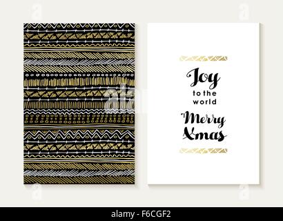 Frohe Weihnachten Karten Vorlage Set: Retro-Stammes indische Form Elemente nahtlose Muster und trendige Xmas-Text in gold metallic Col Stock Vektor