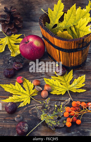 Laub, Kastanien und Rowan mit Äpfeln auf Holztisch Stockfoto