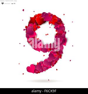 Nummer neun, hergestellt aus roten Herzen Liebe Alphabet 9 Stock Vektor