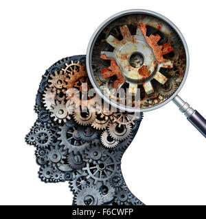 Gehirn-Verfall und Demenz oder Alterung als Verlust Speicherkonzept für Gehirn Krebs Verfall oder eine Alzheimer-Krankheit mit dem medizinischen Symbol eines alten rosten mechanische Getriebe und Zahnräder aus Metall in der Form eines menschlichen Kopfes mit Rost. Stockfoto