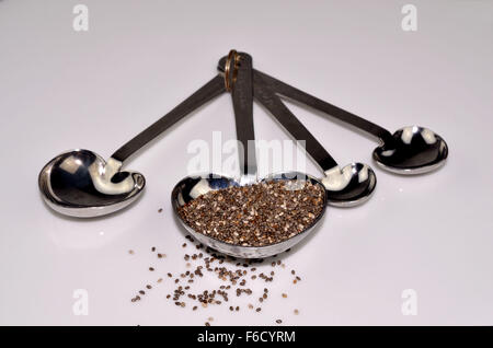 Chia-Samen im Herzen geformt Messlöffel Stockfoto