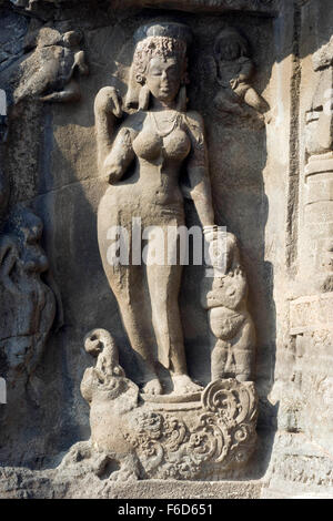 Skulptur der Göttin Fluss Ganga Ellora Höhlen, Aurangabad, Maharashtra, Indien, Asien Stockfoto