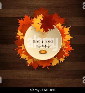 Thanksgiving Day hölzernen Hintergrund mit Maple Leafs, Platte und Titel Inschrift Stock Vektor