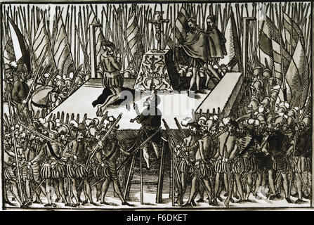 Achtzig Jahre Krieg oder Niederländisch Unabhängigkeit 1568-1648. Ausführung der Grafen von Egmond und Hoorn, Brüssel, 1568. Niederlande. Gravur. Stockfoto