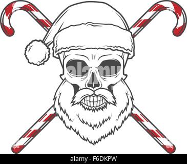 Bärtige Schädel Santa Claus mit Candy Canes Poster. Vintage Christmas Greis Porträt. Urlaub-t-Shirt Illustration. Stock Vektor