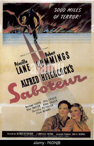 Datum der Freigabe: 24. April 1942. FILMTITEL: Saboteur. STUDIO: Universal Pictures. PLOT: Los Angeles Flugzeuge Arbeiter Barry Kane entzieht sich Verhaftung, nachdem er zu Unrecht der Sabotage beschuldigt wird. Führt, er reist quer durch das Land nach New York versucht, seinen Namen zu löschen, indem man eine Bande von faschistischen unterstützen Saboteure unter der Leitung von scheinbar seriösen Charles Tobin. Entlang des Weges beinhaltet er Pat Martin, schließlich einen weiteren großen Akt der Sabotage zu verhindern. Sie endlich aufholen mit Frank Frye, der Mann, der eigentlich die Handlung der Sabotage bei der Flugzeugfabrik. Im Bild: PRISCILLA LANE als Pat Stockfoto