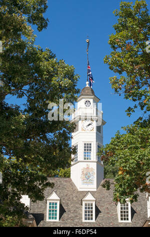 Der Capitol Gebäude Uhrturm, Colonial Williamsburg, Virginia, USA Stockfoto