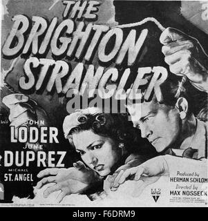 Datum der Freigabe: 10. Mai 1945. FILMTITEL: Der Brighton Würger. STUDIO: RKO Radio Pictures. PLOT: Während des zweiten Weltkriegs ist einer der Hits von der Londoner Bühne ein Theaterstück über einen Mörder, der seine Opfer erwürgt. Der Schauspieler, der Würger spielt, identifiziert sich so stark mit seinen Teil, wenn er einen Schlag auf den Kopf während eines Bombenangriffs erhält, er glaubt, dass er tatsächlich der Würger. Im Bild: JOHN LODER als Reginald Parker/Edward Gray und Juni DUPREZ als April Manby Carson. Stockfoto