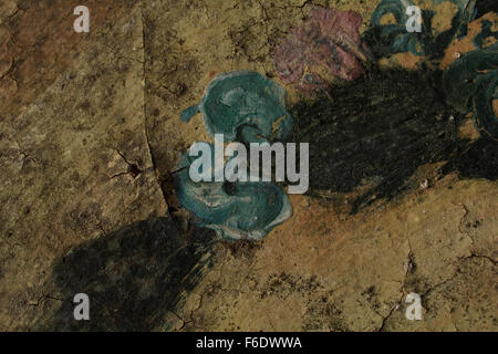 Risse & Pinselstriche Farbe der Blume und Blätter Teil 'Der Frühling' Wandmalerei Komposition von M. Papamalis. Lemnos Stockfoto