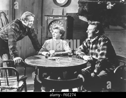 Datum der Freigabe: 19. Oktober 1952. FILMTITEL: Arktische Flug. STUDIO: Monogram Pictures. PLOT: Mike Wein, ein Alaskan Bush Pilot Betrieb der Bering Seegebiet, freundet sich mit John W. Wetherby, posieren als Reichtum Vereinigten Staaten Geschäftsmann. Aber in Wirklichkeit ist er ein russischer Spion auf dem Weg nach Sibirien tragenden Mikrofilme von den Vereinigten Staaten Verteidigung-Installationen. Im Bild: WAYNE MORRIS als Mike Wein und LOLA ALBRIGHT als Martha Raymond. Stockfoto