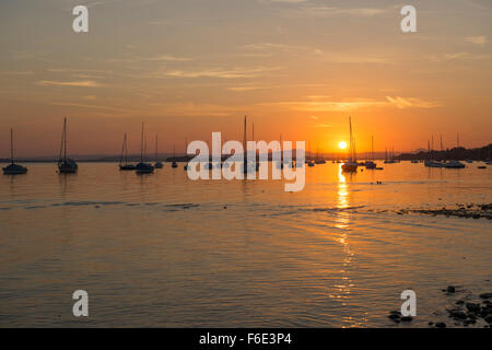 Segeln Boote am Untersee, Sonnenuntergang, Allensbach, Bodensee, Baden-Württemberg, Deutschland Stockfoto